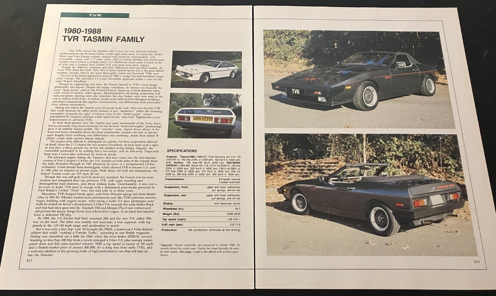 1980-1988 TVR Tasmin - Vintage Automotive Spec-Sheet Art Print / Wall Art
