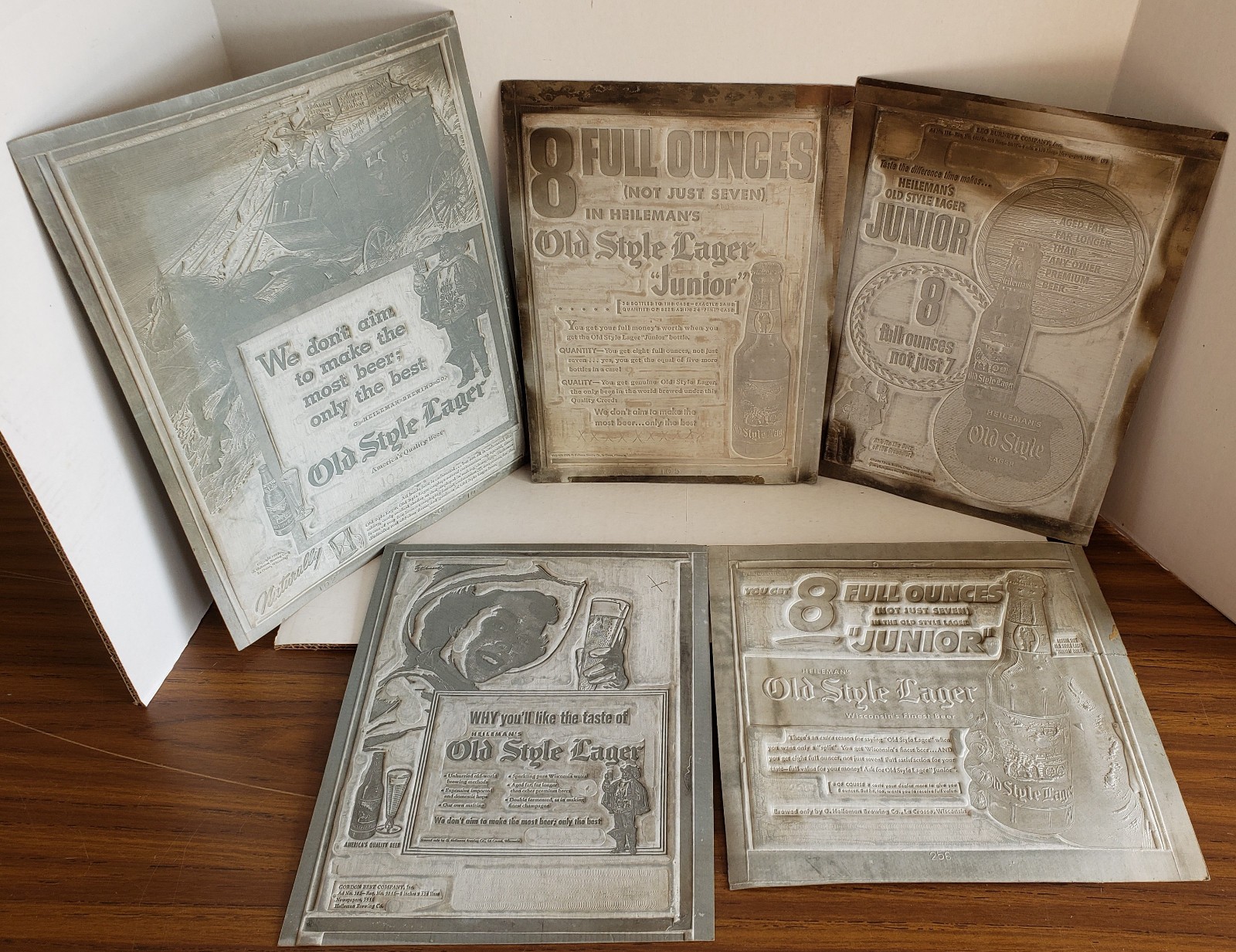 5 different Heilemans Old Style Beer Newspaper print plates, LaCrosse, Wisconsin