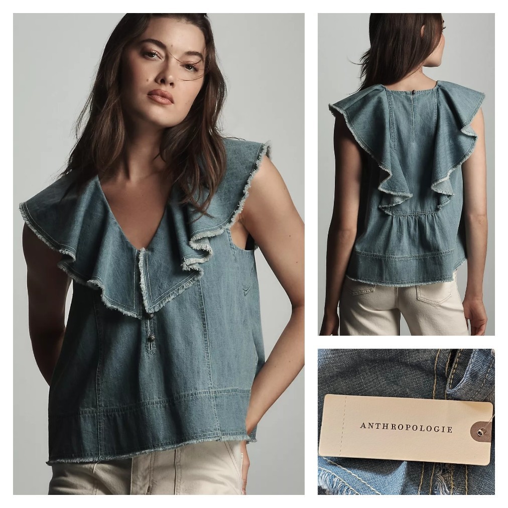 Anthropologie Pilcro Ruffle-Neck Denim Swing Blouse Small NWT $98