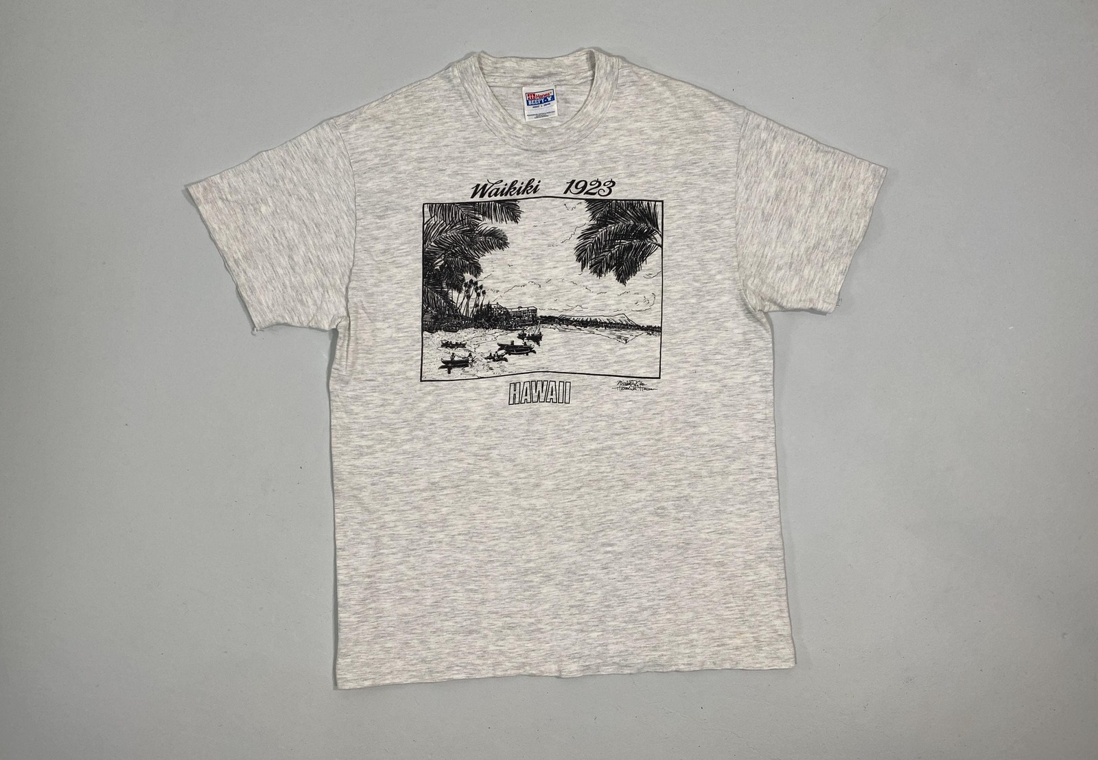 Vintage 90s Waikiki 1923 Hawaii Postcard Heather Gray Graphic T-Shirt / L