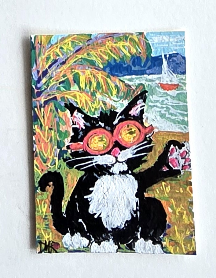 Original ACEO Black Cat Red Golden Shades Dulce Maria Rico 