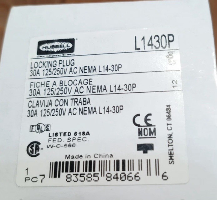 Hubbell L1430P Twist-Lock NEMA L14-30P Locking Plug 30A 125/250V