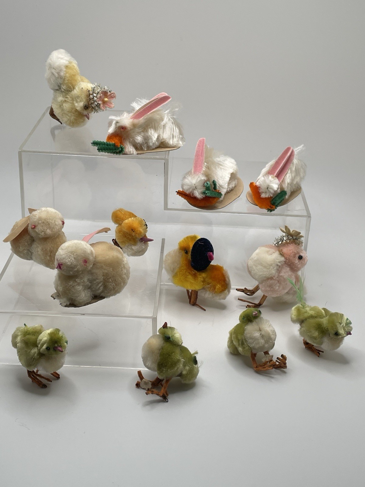 13 Lot Vintage Chenille Pom Pom Easter Chicks & Bunny Rabbits Wire Feet Hats