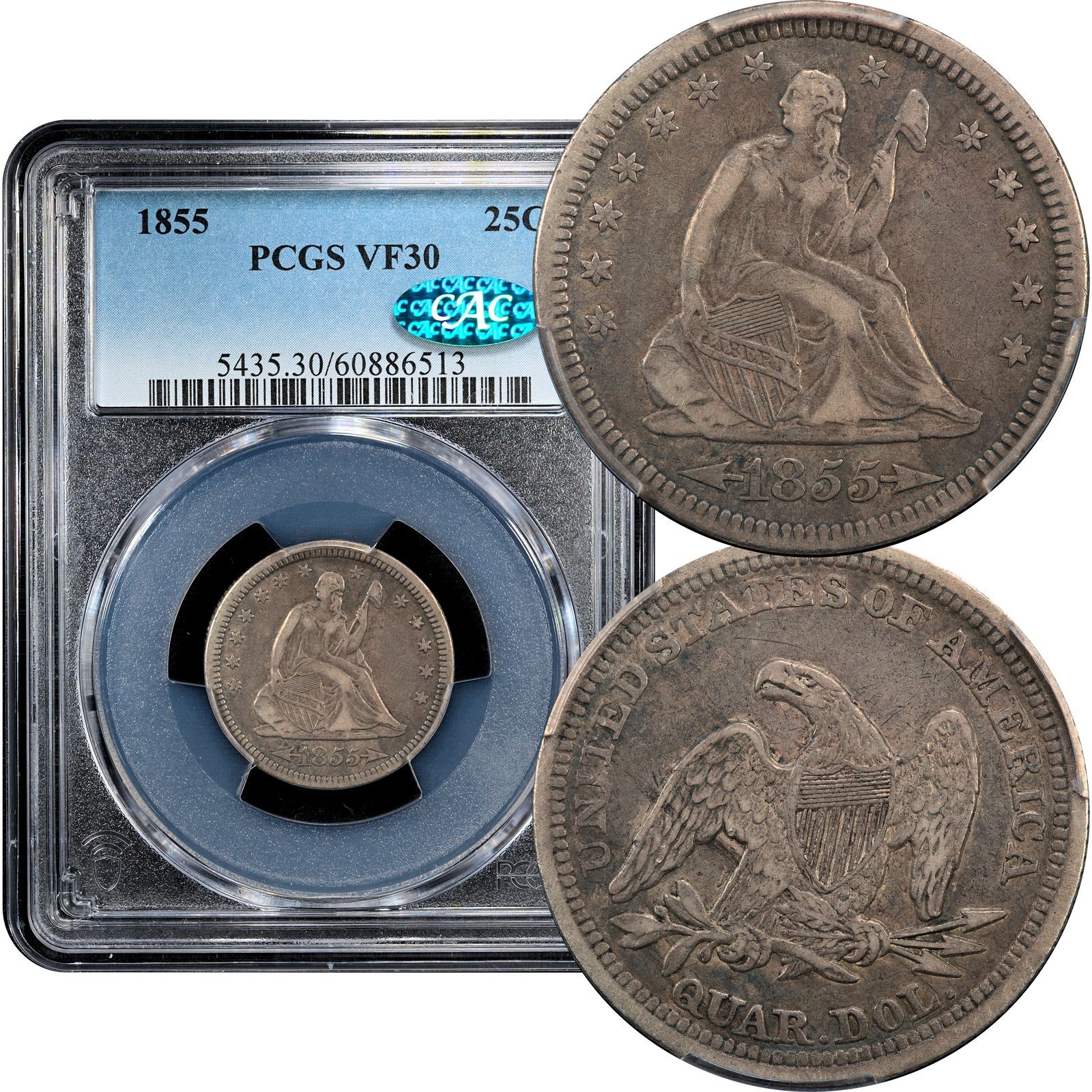 1855 Seated Liberty Quarter 25c PCGS VF30 CAC 1855 Seated Liberty Quarter 25c PCGS VF30 CAC