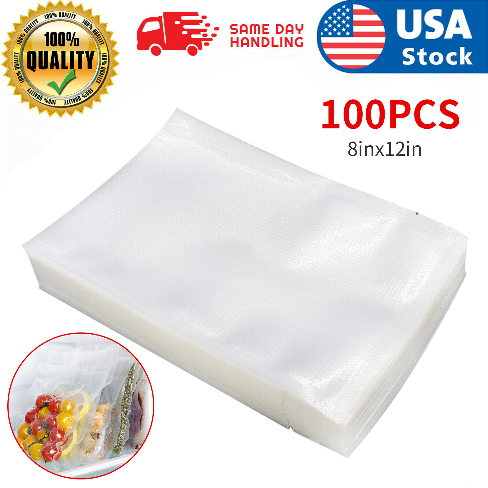 100-1000Pcs Quart Vacuum Sealer Bag 8x12inch Embossed Food Saver Storage Package
