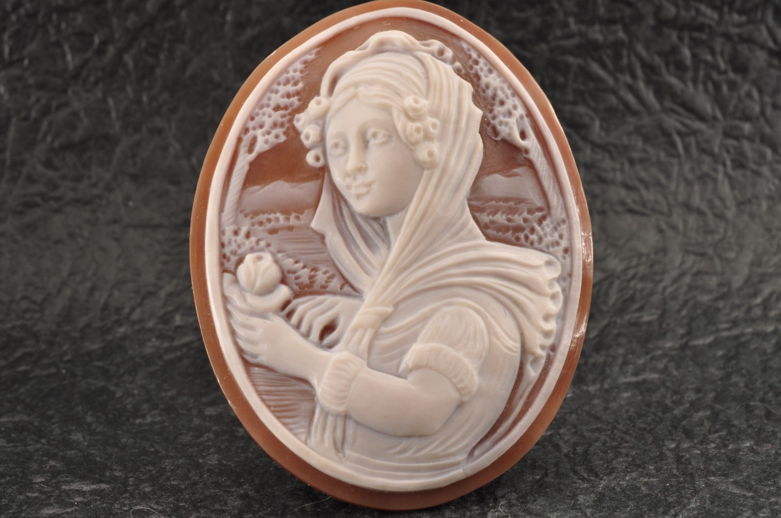 Signed vintage Hand-Carved Shell Cameo: Noblewoman picking flowers (57.5vt) box. Signed vintage Hand-Carved Shell Cameo: Noblewoman picking flowers (57.5vt) box.