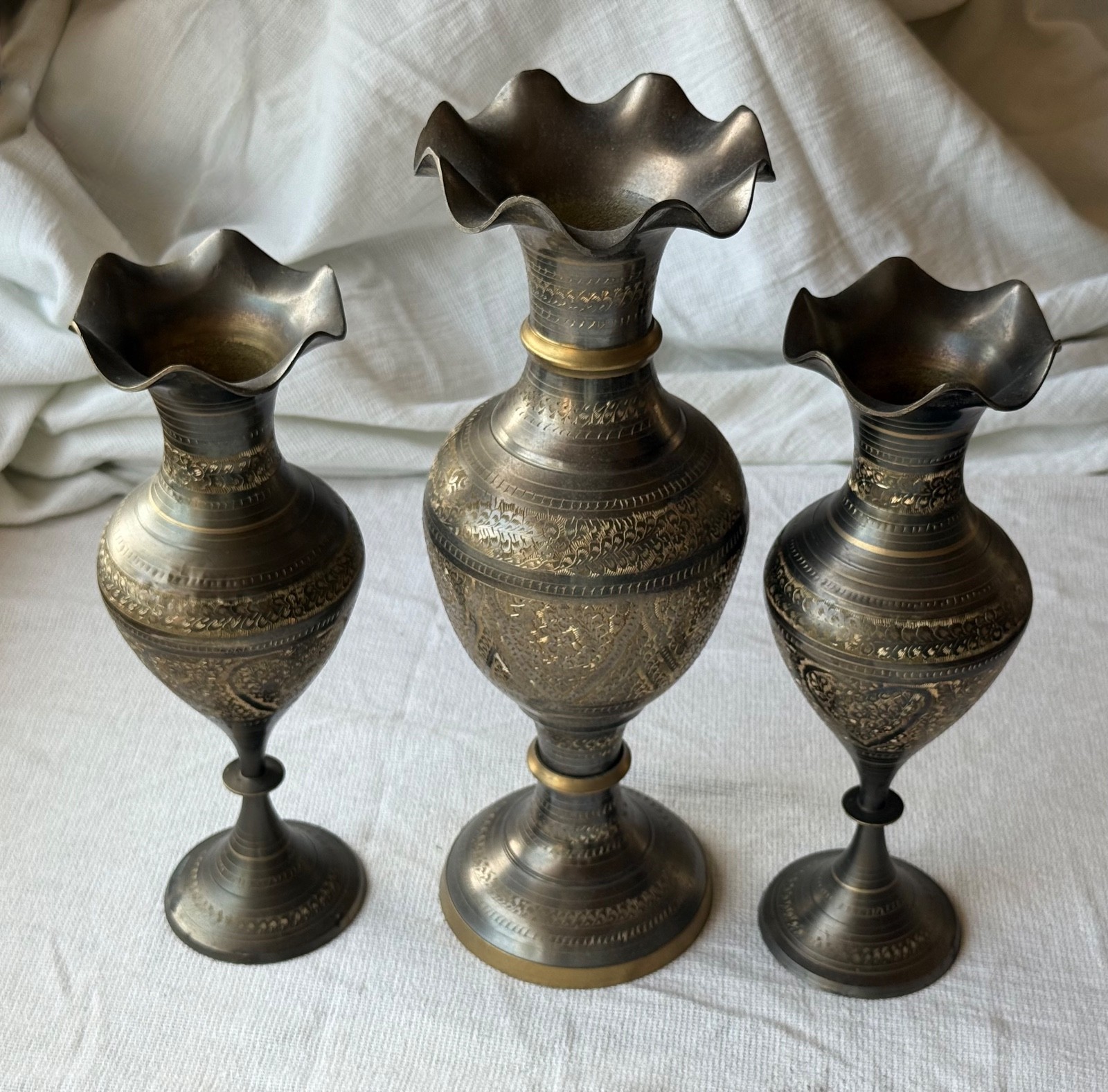 Vintage Set of 3 Brass Hand Etched Vases 13.5” Tall & 11 Vintage Set of 3 Brass Hand Etched Vases 13.5” Tall & 11