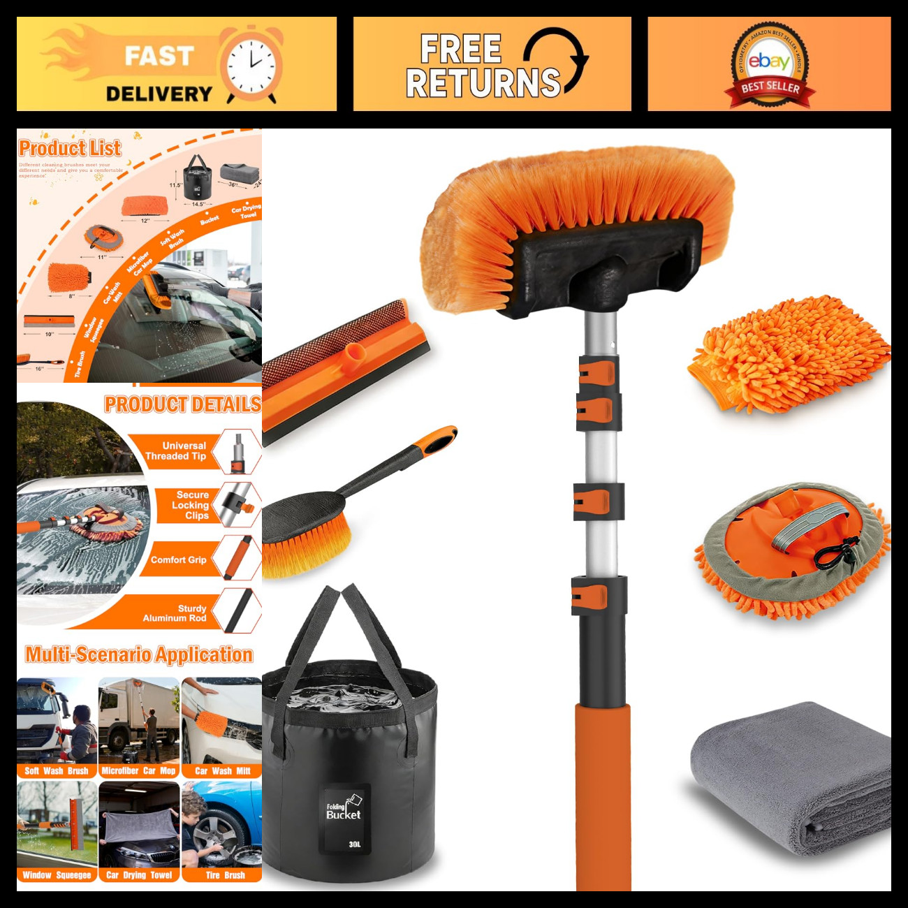 20FT Car Wash Brush Kit - Long Handle, Soft Bristles, Mop, Squeegee, Mitt, Wheel