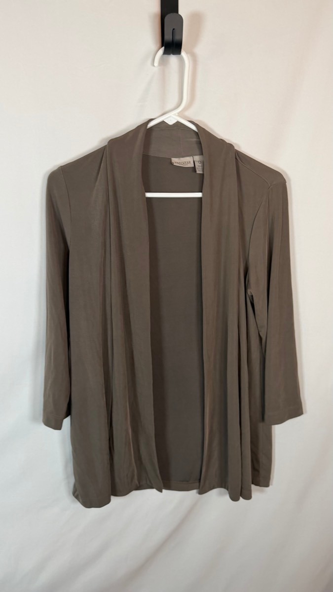 Chicos Taupe Open Front Cardigan Size 0 Long Sleeve Drape Knit Layering Sweater Chicos Taupe Open Front Cardigan Size 0 Long Sleeve Drape Knit Layering Sweater