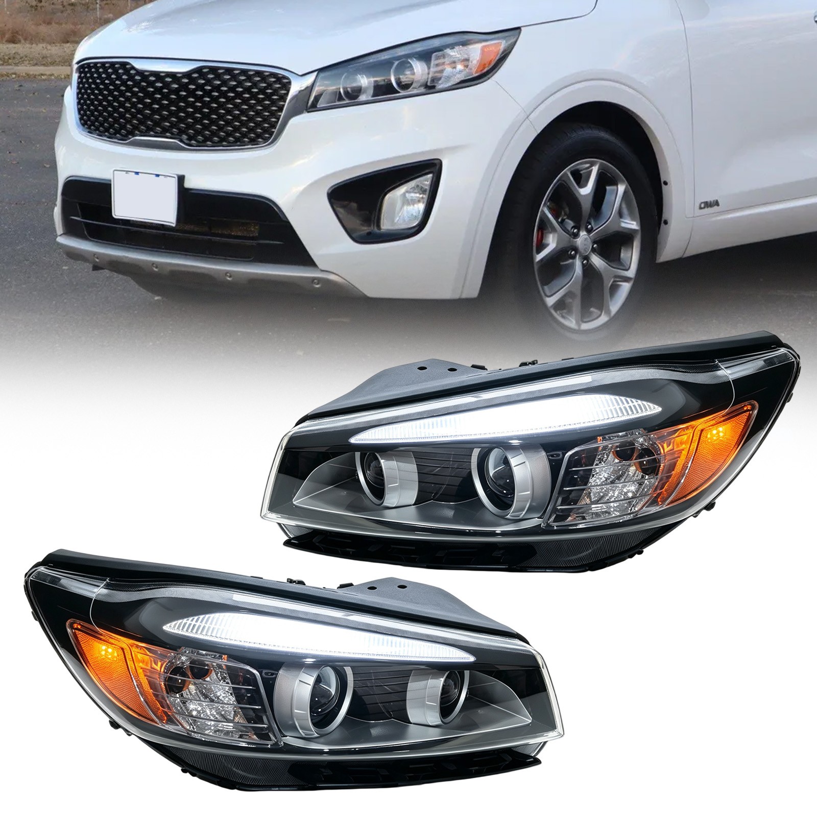 For 2016 2017 2018 Kia Sorento Headlight Halogen w/ LED DRL Light Bar Set 2pcs For 2016 2017 2018 Kia Sorento Headlight Halogen w/ LED DRL Light Bar Set 2pcs