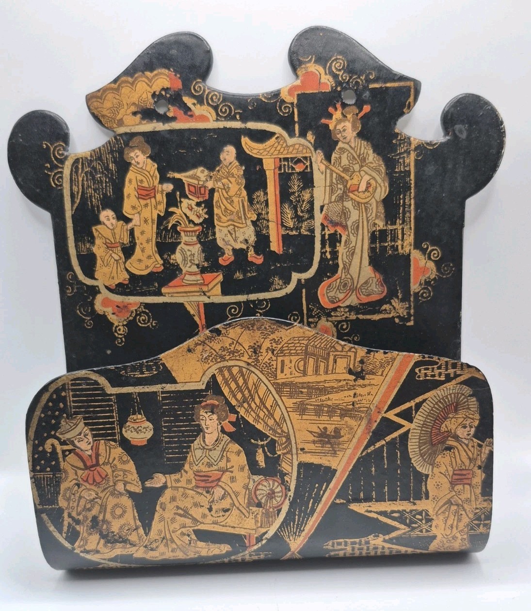 Antique 19thC Japanese Meiji Papier Mache Lacquer Letter Holder Chinoiserie