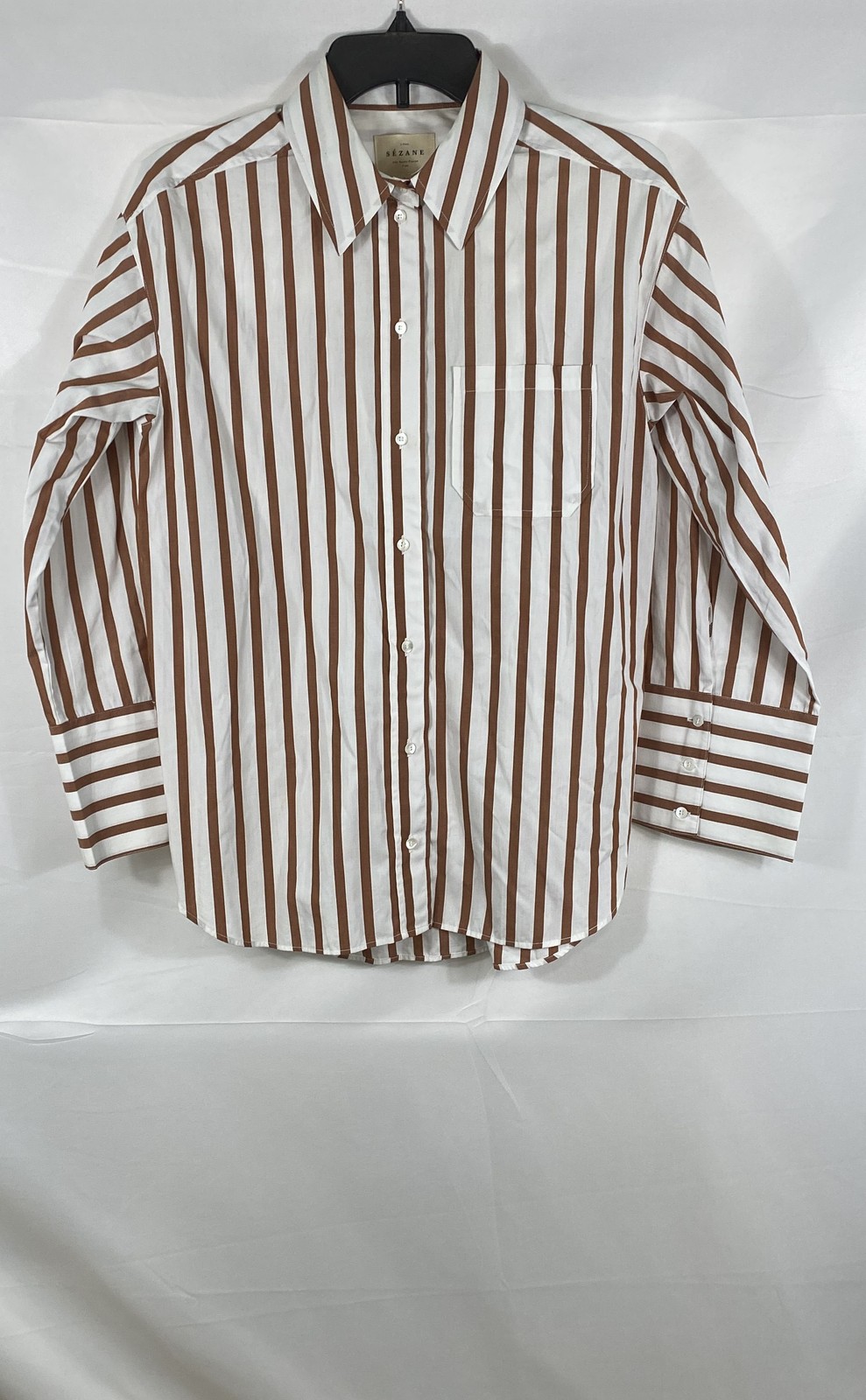 Sezane Women's Brown White Striped Organic Cotton Button-Up Shirt Sz 34