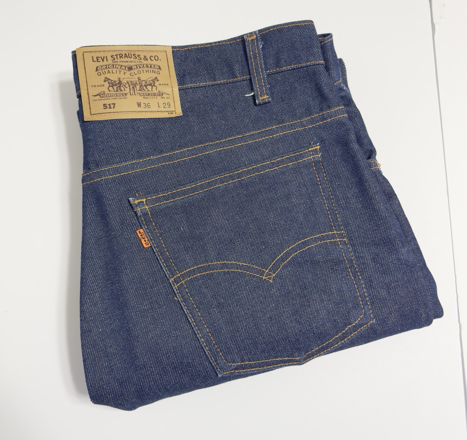 NWOT VTG 80\'s Levi\'s 517 Orange Tab Bootcut Jeans Sz 36x31 Dark Wash MADE IN USA