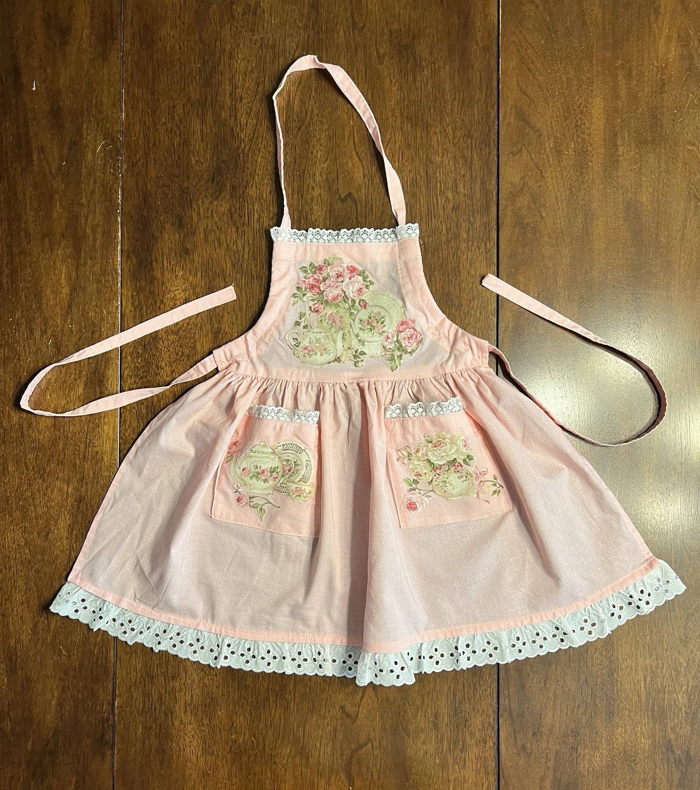Handmade Kids Pink Baking Apron Girls Teapot Floral Eyelet Lace Trim Pockets Handmade Kids Pink Baking Apron Girls Teapot Floral Eyelet Lace Trim Pockets