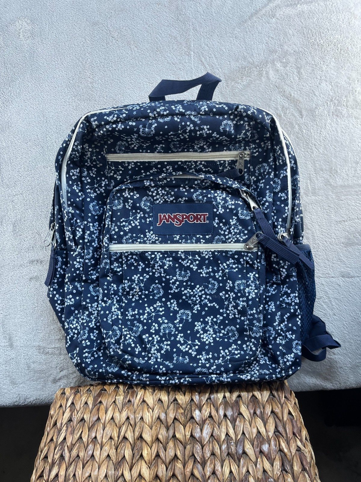 JanSport Blue White Floral Backpack Book Bag