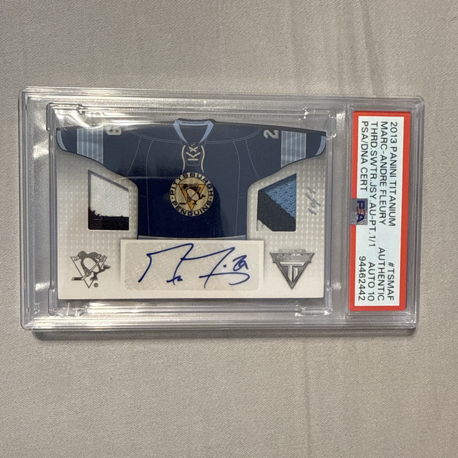 2013-14 Panini Titanium Third Sweater Patch Marc-Andre Fleury 1/1 PSA Auto 10 2013-14 Panini Titanium Third Sweater Patch Marc-Andre Fleury 1/1 PSA Auto 10