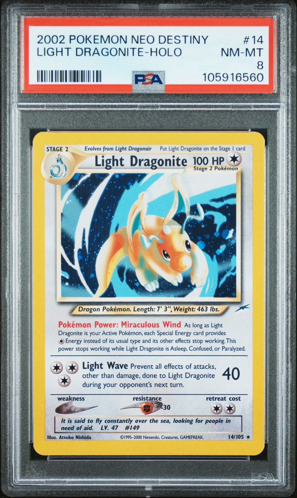 Pokemon Company Light Dragonite 14/105 Neo Destiny Holo PSA 8 2002