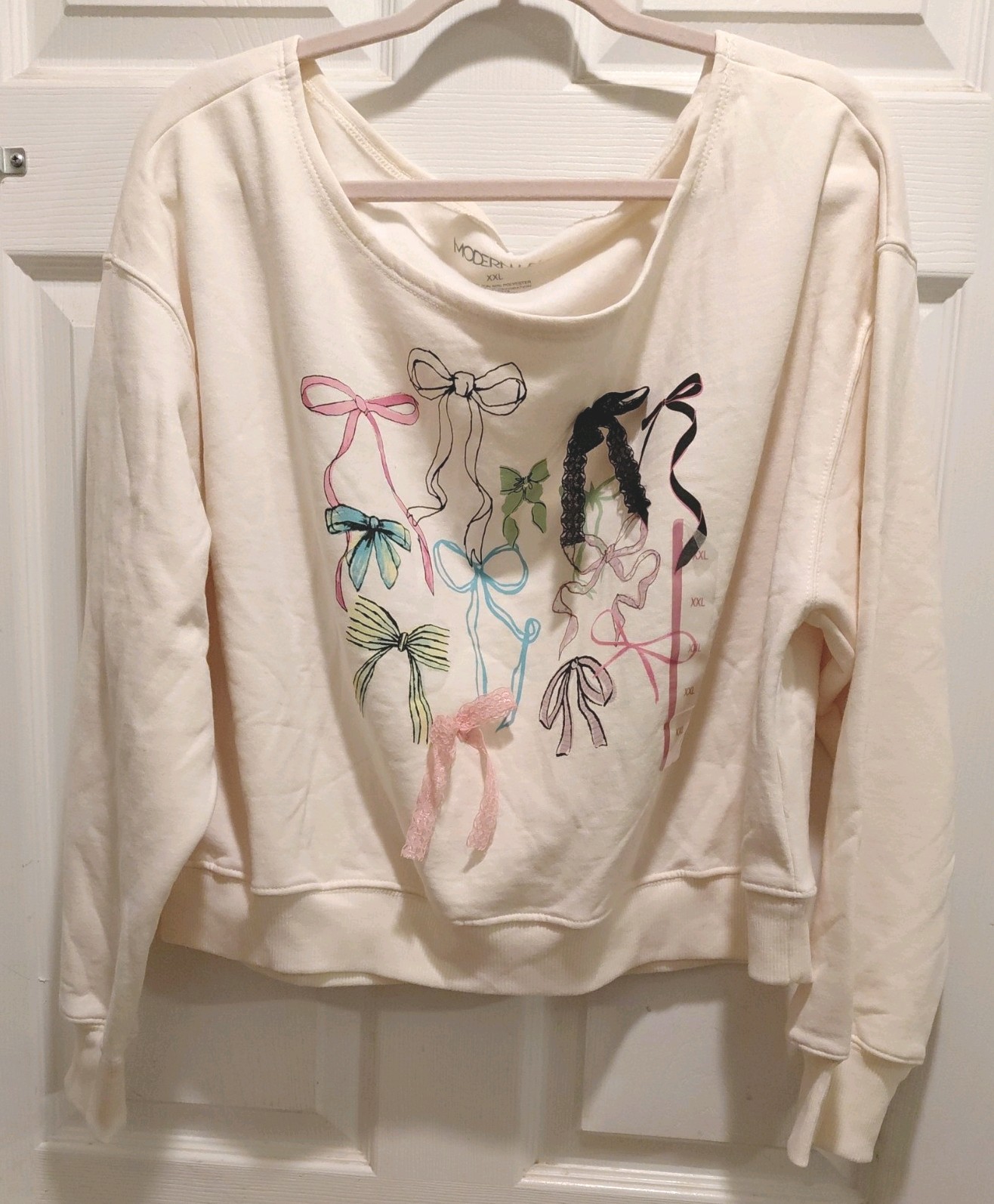 Modern Lux Womens Fleece Pullover Sweatshirt Bow Graphic Print XXL Ivory Boat