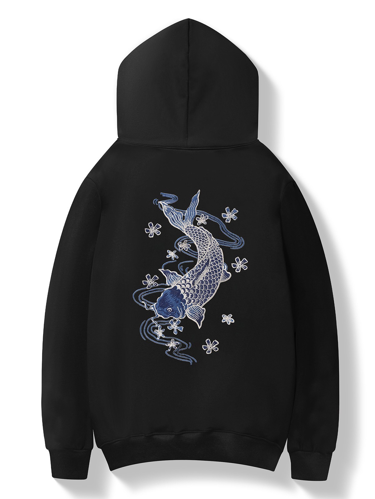 Niepce Men\'s Japanese Streetwear Sweatshirt Blue Koi Embroidered Hoodie