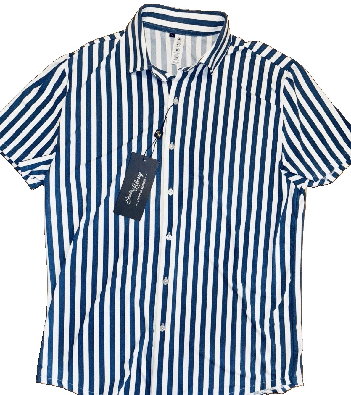 NEW State & Liberty Men’s L Navy White Bengal Stripe Shirt Athletic Fit NWT