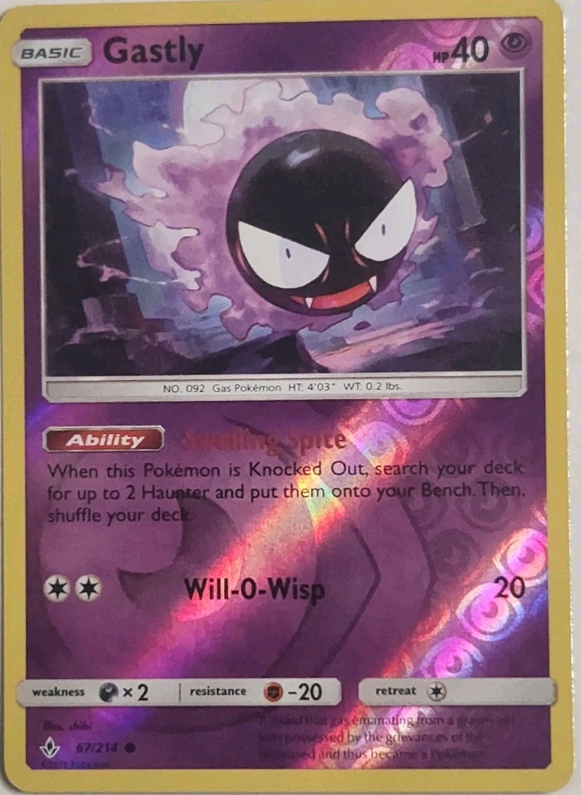 Official 2019 Pokémon Gastly 67/214 Sm-Unbroken Bonds Reverse Holo Trading Card Official 2019 Pokémon Gastly 67/214 Sm-Unbroken Bonds Reverse Holo Trading Card