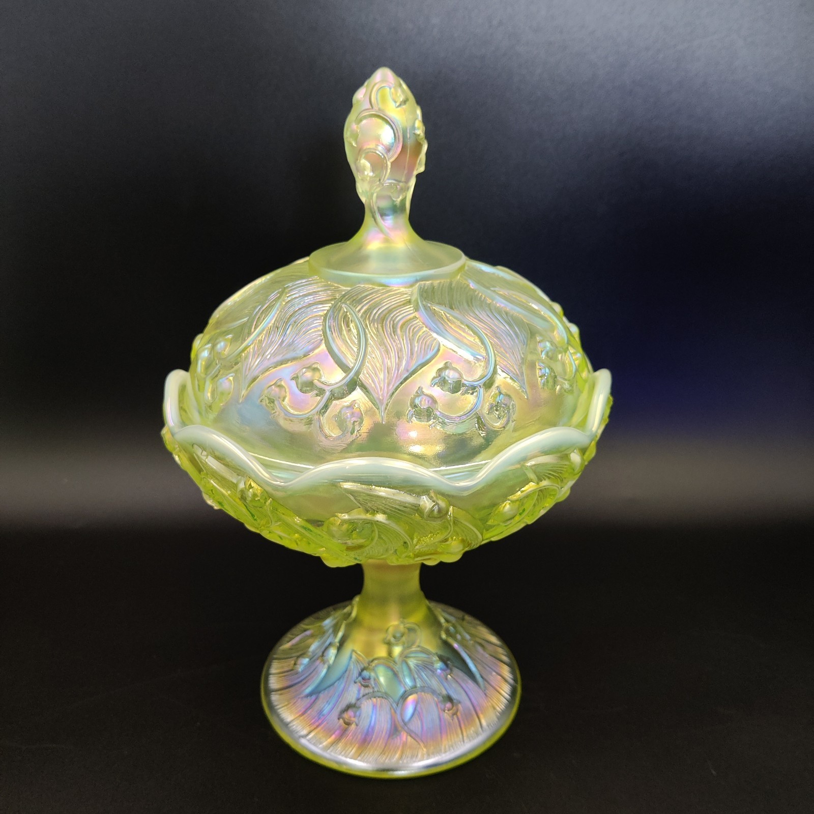 Fenton Topaz Opalescent Lily Valley Covered Candy Dish Marked UV Glows