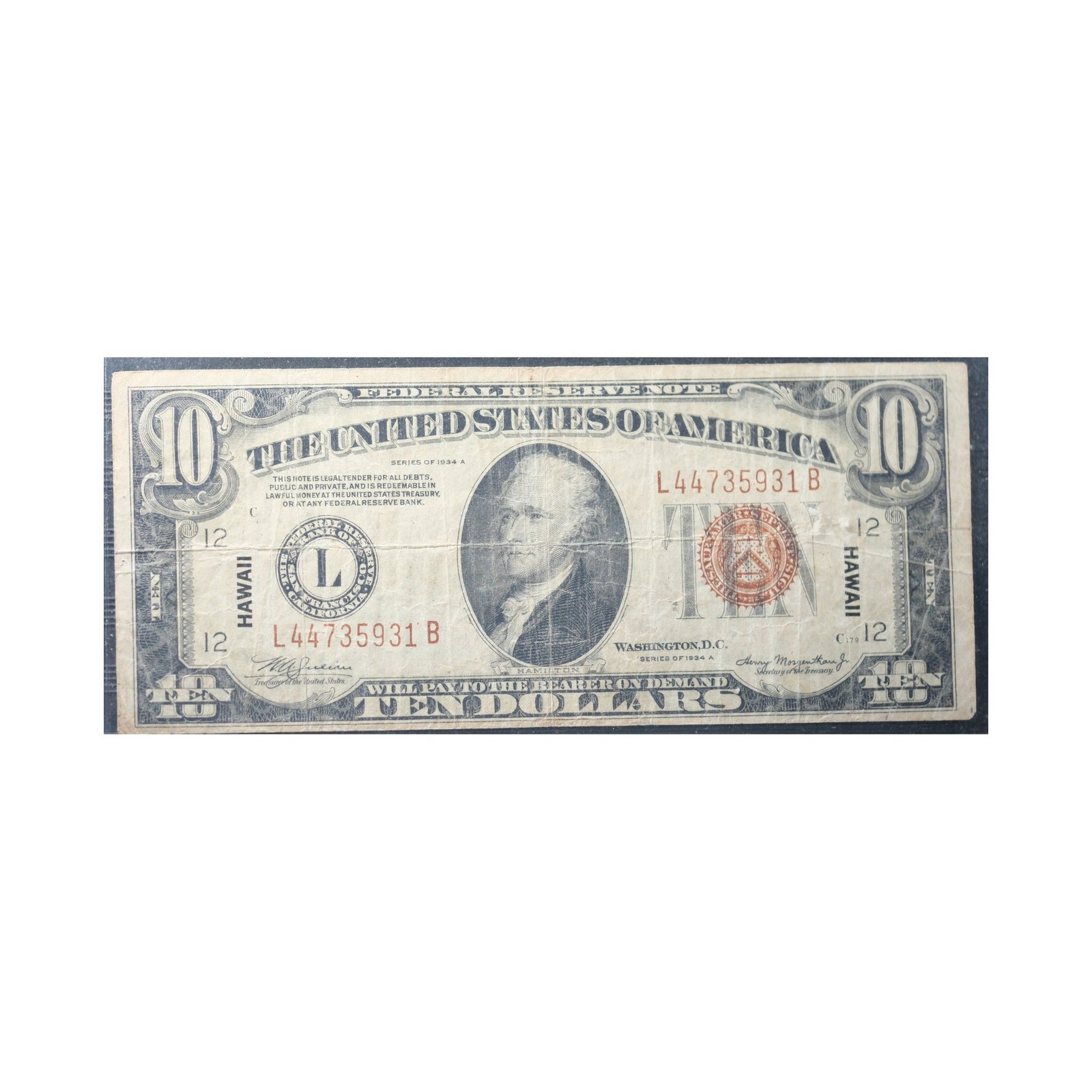 1934A $10 Hawaii Emergency Issue Very Fine Raw