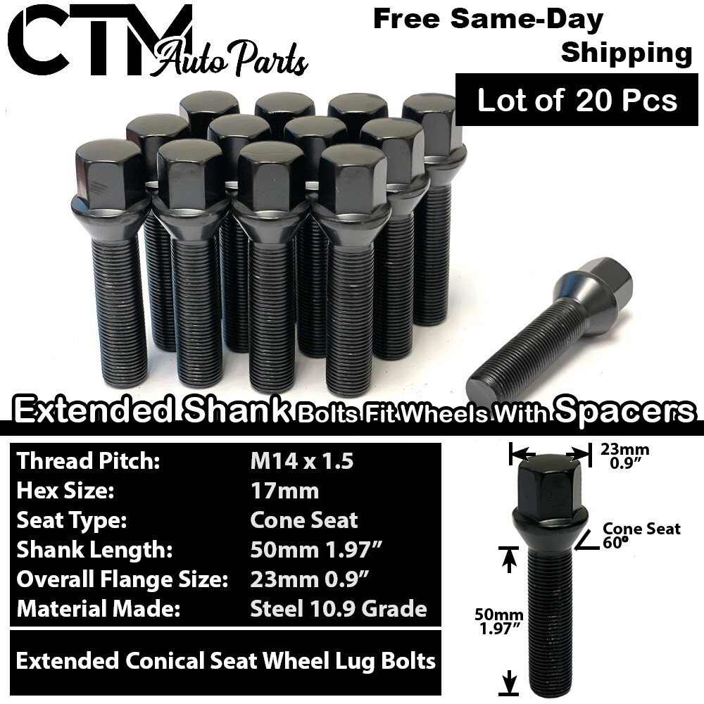 20x Black 14x1.5 Lug Bolt 50mm Shank Fit Audi Aftermarket Wheels 20-25mm Spacer