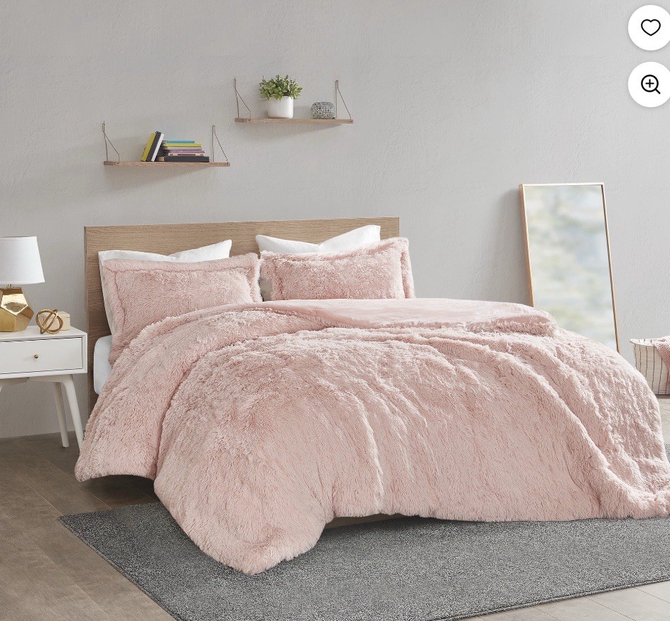 Full/Queen Leena 3pc Shaggy Faux Fur Duvet Cover Set Blush