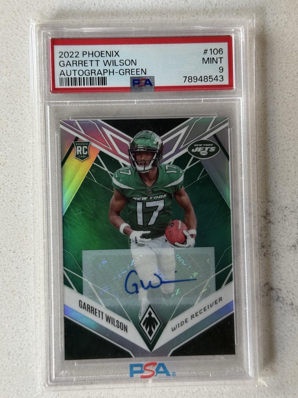 Garrett Wilson 2022 Panini Phoenix Rookie Green Color Match Auto 10/10 PSA 9 Garrett Wilson 2022 Panini Phoenix Rookie Green Color Match Auto 10/10 PSA 9
