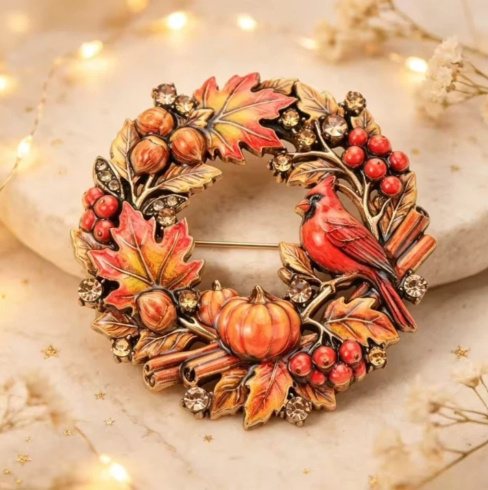 Vintage Christmas Wreath Brooch Pumpkin Red Rhinestone Cardinal Fall Pin Jewelry