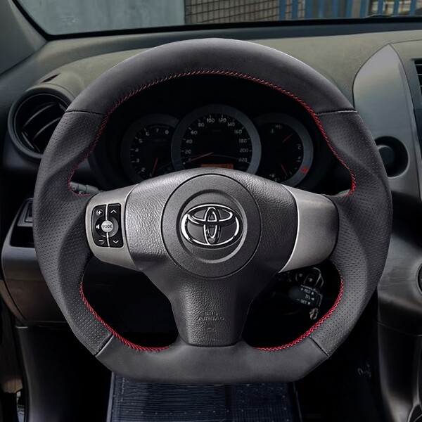 FIT TOYOTA RAV4 2006-2012 Black Genuine leather steering wheel RED stitch-SPORTS