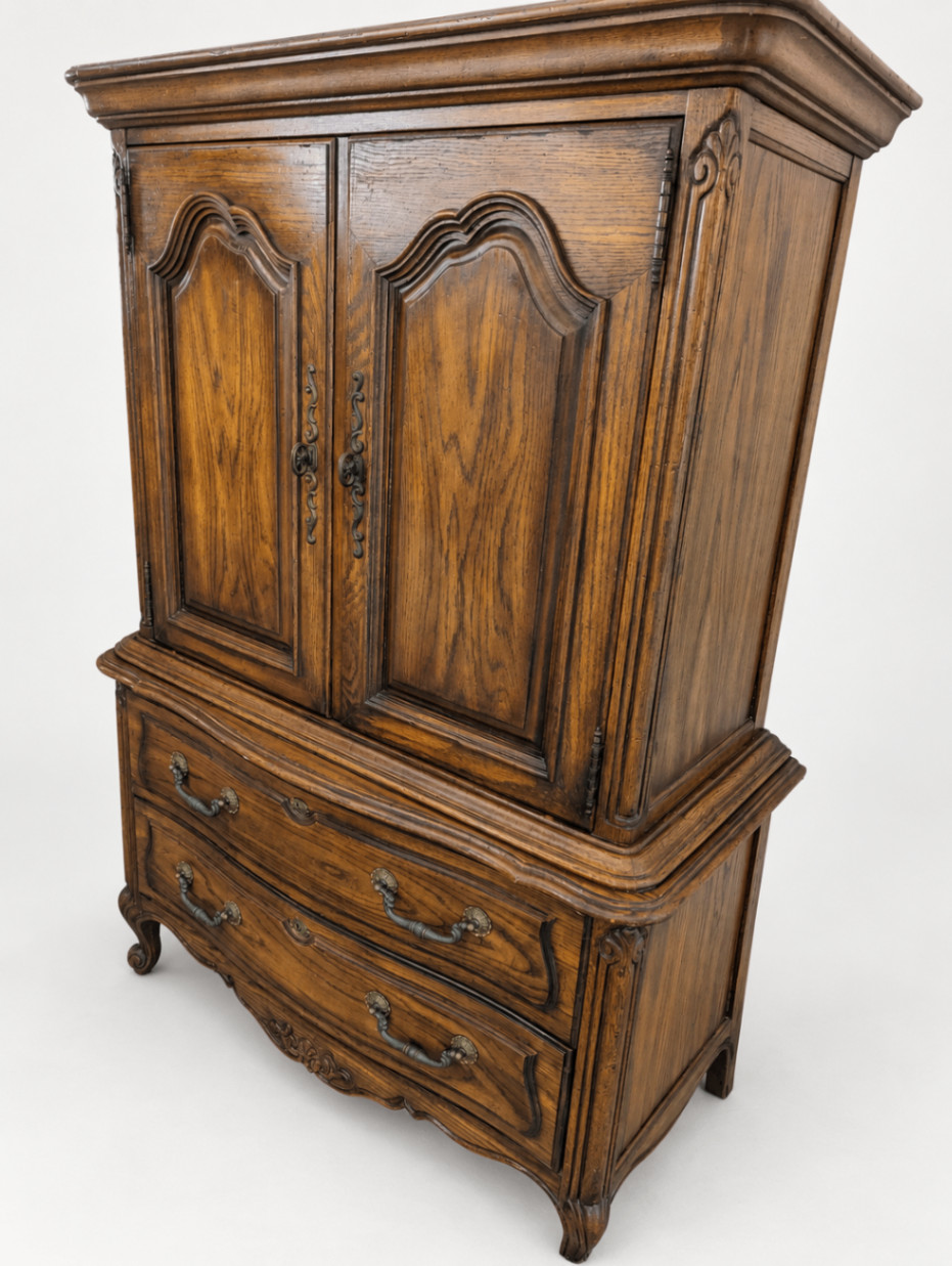 Vintage French Provincial Armoire Chest of Drawers Carved Wood Ornate Hardware