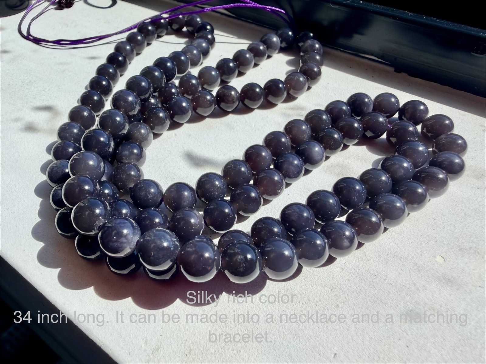 Nephrite Hetian jade necklace 8m Emperor Purple 34inch Long Rich Silky 帝王紫