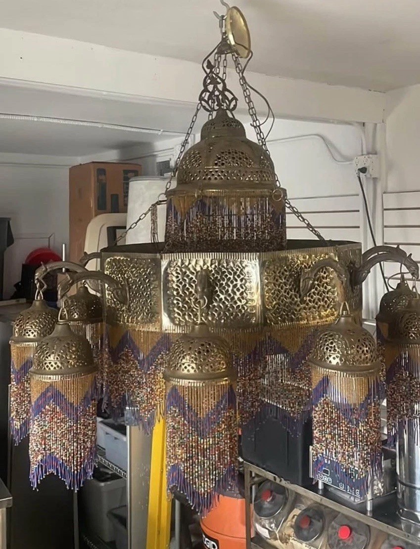 3 Ft Wide Brass Chandelier Beaded Moroccan Indian Arabic Light Fixture