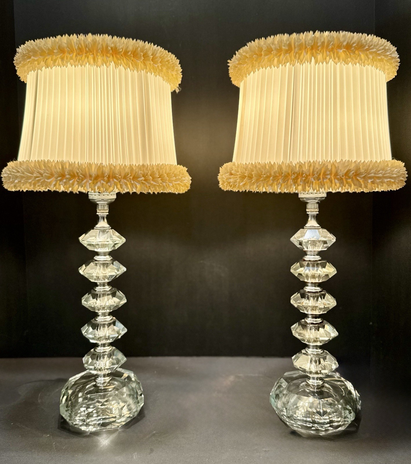 Vintage Hollywood Regency Pair Stacked Crystal Like Lamps Original Shades