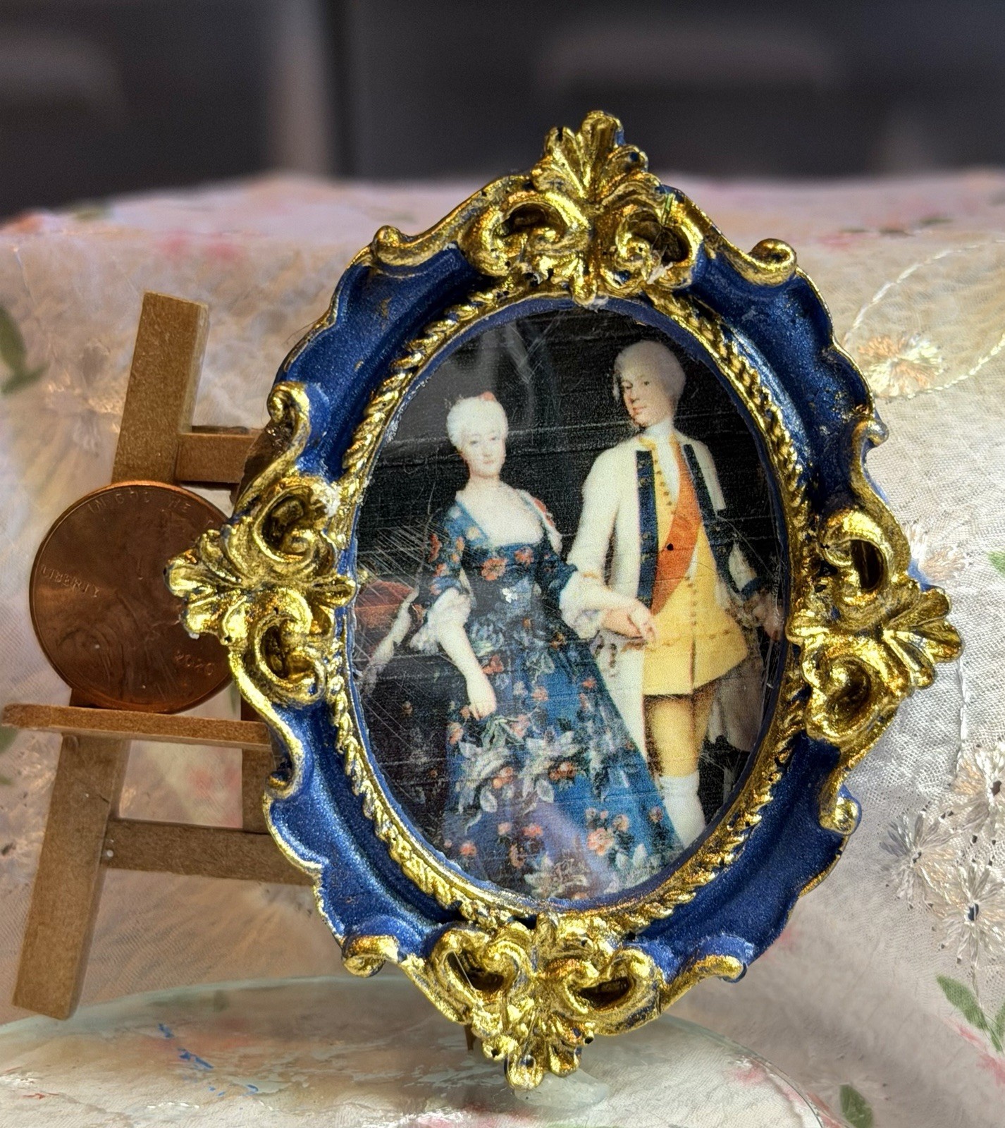 New Miniature Picture Victorian Couple In Blue Frame 1:12 Scale Handmade New Miniature Picture Victorian Couple In Blue Frame 1:12 Scale Handmade