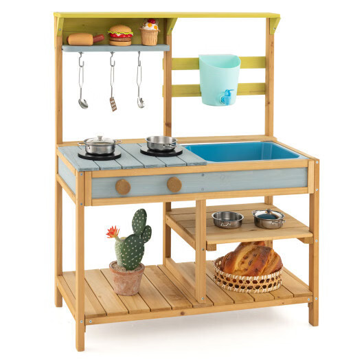 Costway Outdoor Kids Mud Kitchen with Faucet and Water Box - Color: Natural