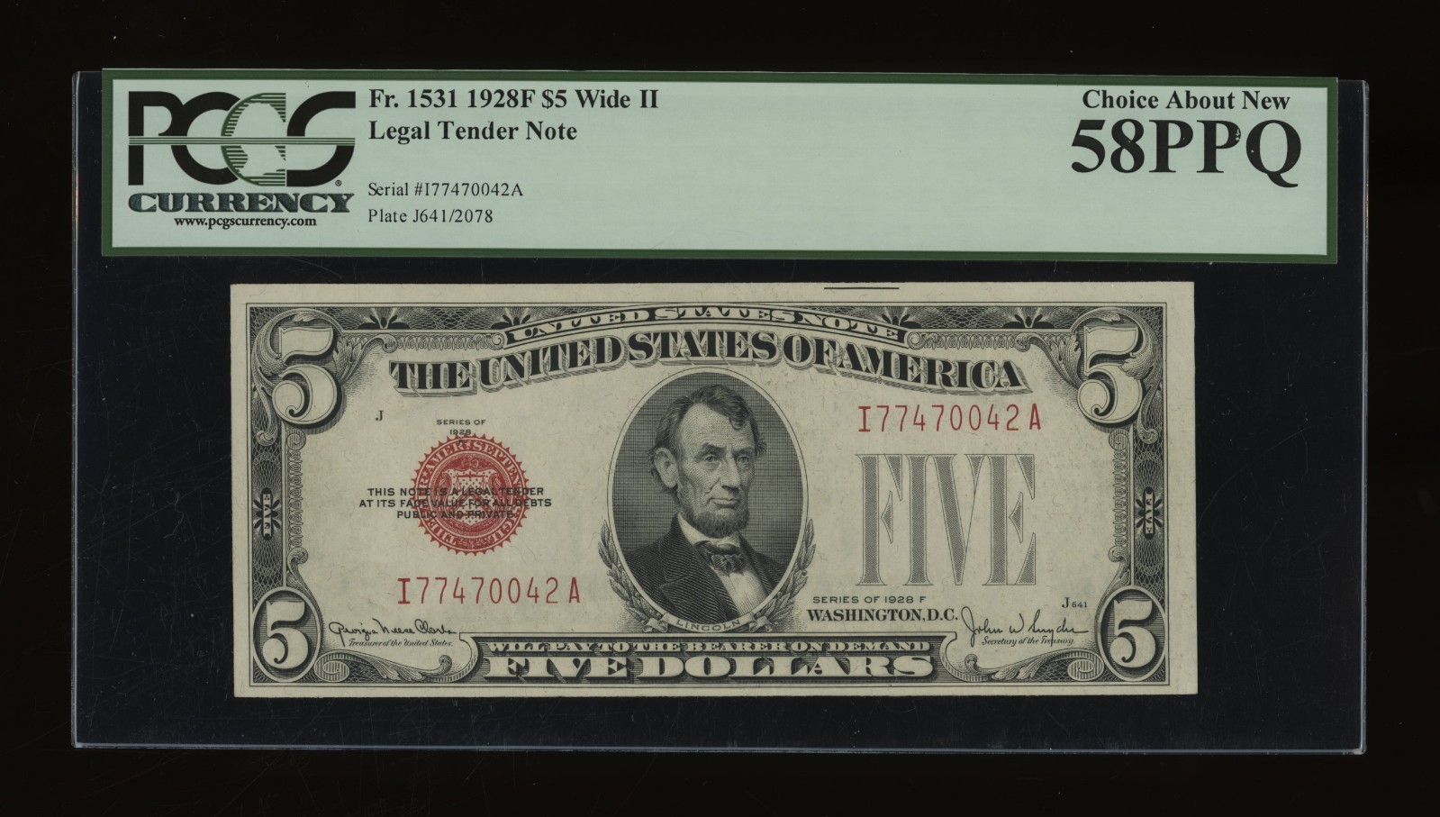 DBR 1928-F $5 Legal Wide II Fr. 1531Wii IA Block PCGS 58 PPQ Serial I77470042A