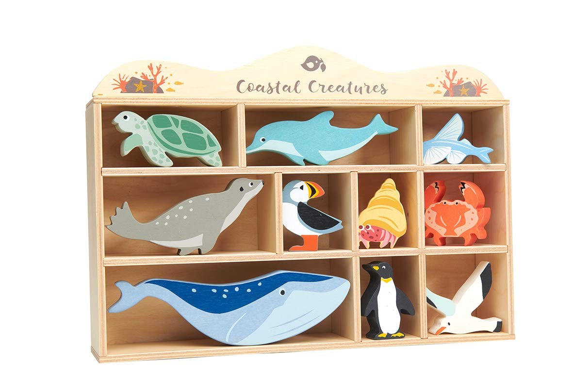 Tender Leaf Toys Coastal Creatures 8 Wooden Ocean Animal Figurines, Pastel