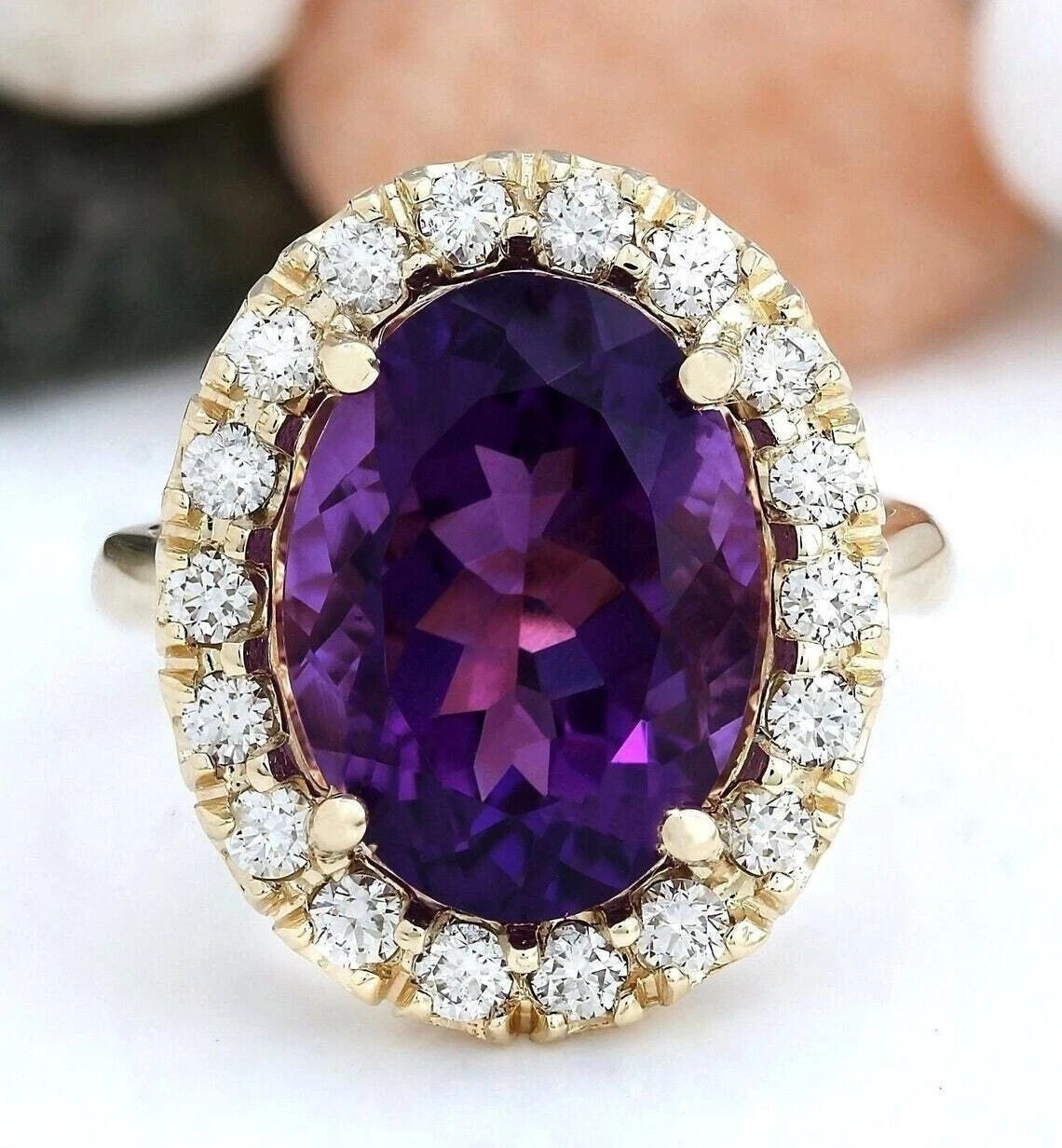 6.30 Ct Oval Cut Natural Amethyst & Diamond Wedding Ring 14K Yellow Gold