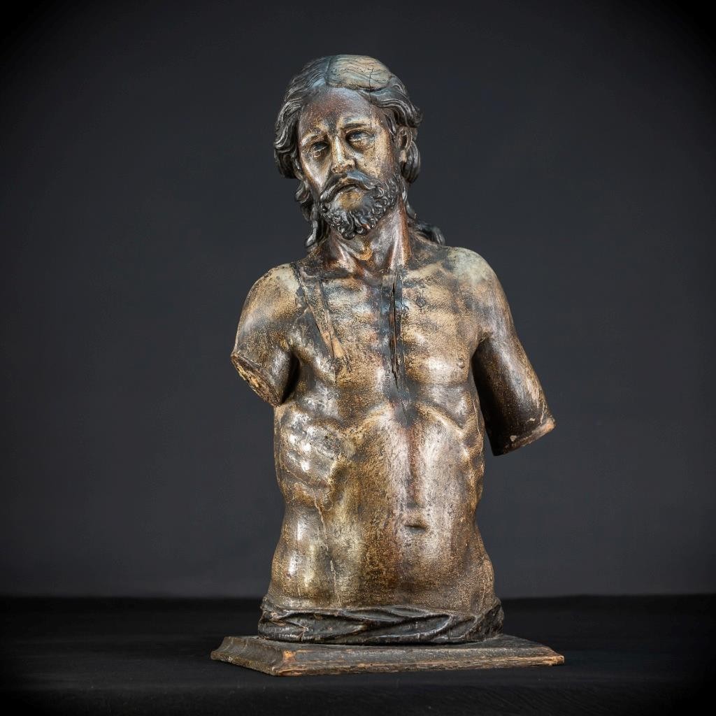 Jesus Torso Wooden Sculpture | Italy 1500s Antique Wood Carving Statue | 25.2