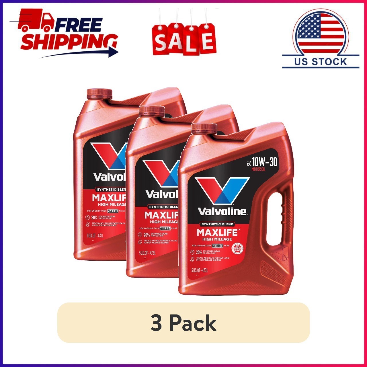 (3 pack) Valvoline MaxLife High Mileage 10W-30 Synthetic Blend Motor Oil 5 Quart