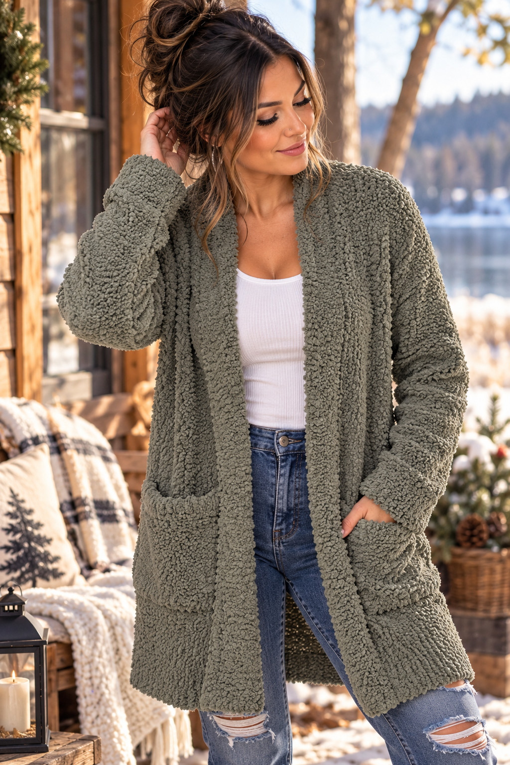 MEROKEETY Womens M Olive Green Fuzzy Sherpa Long Cardigan Pockets Cozy 125