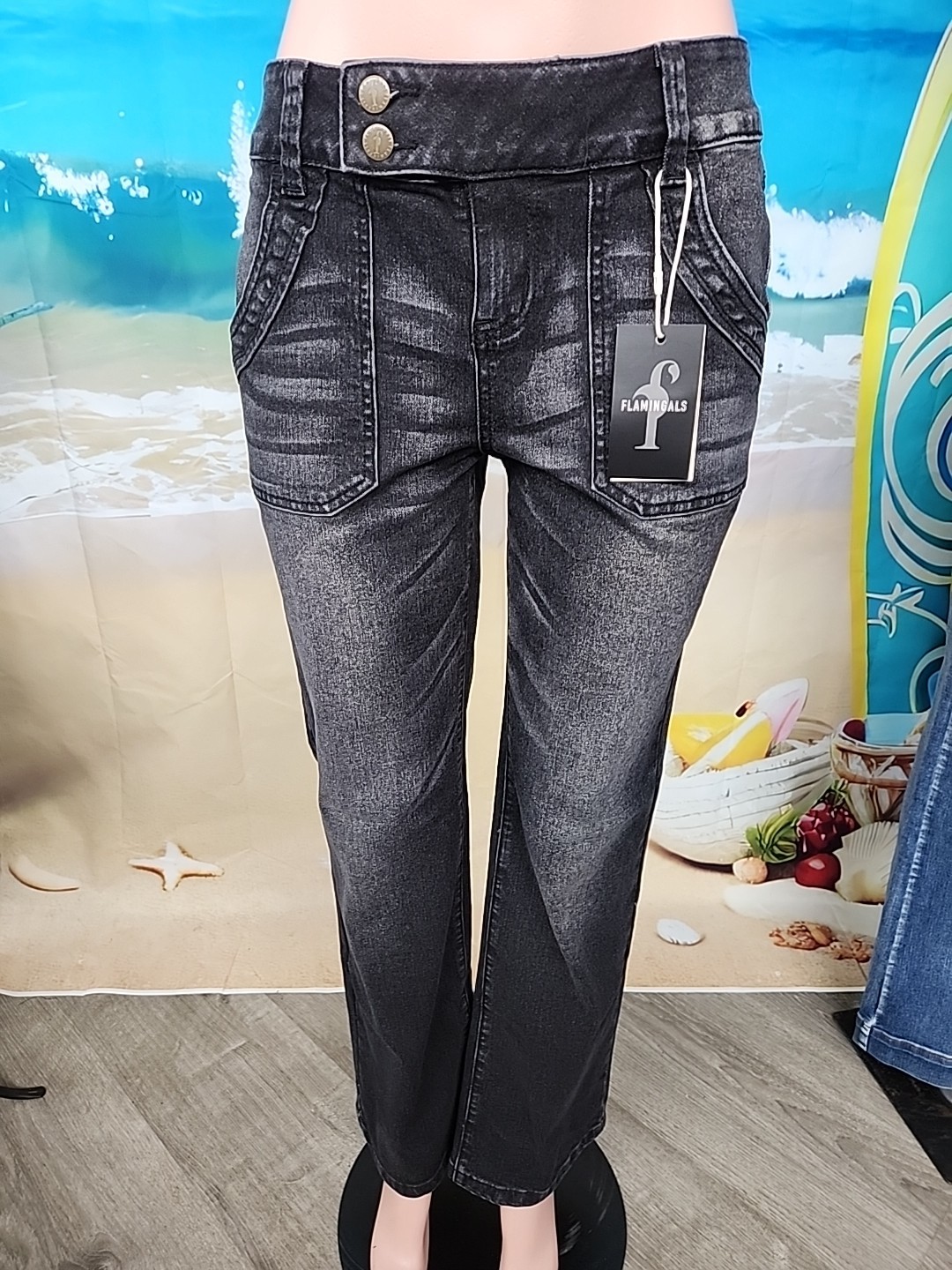 Nwt Flamingals  Medium, Two Button #74168 Jeans 33 Inseam Black Wash 