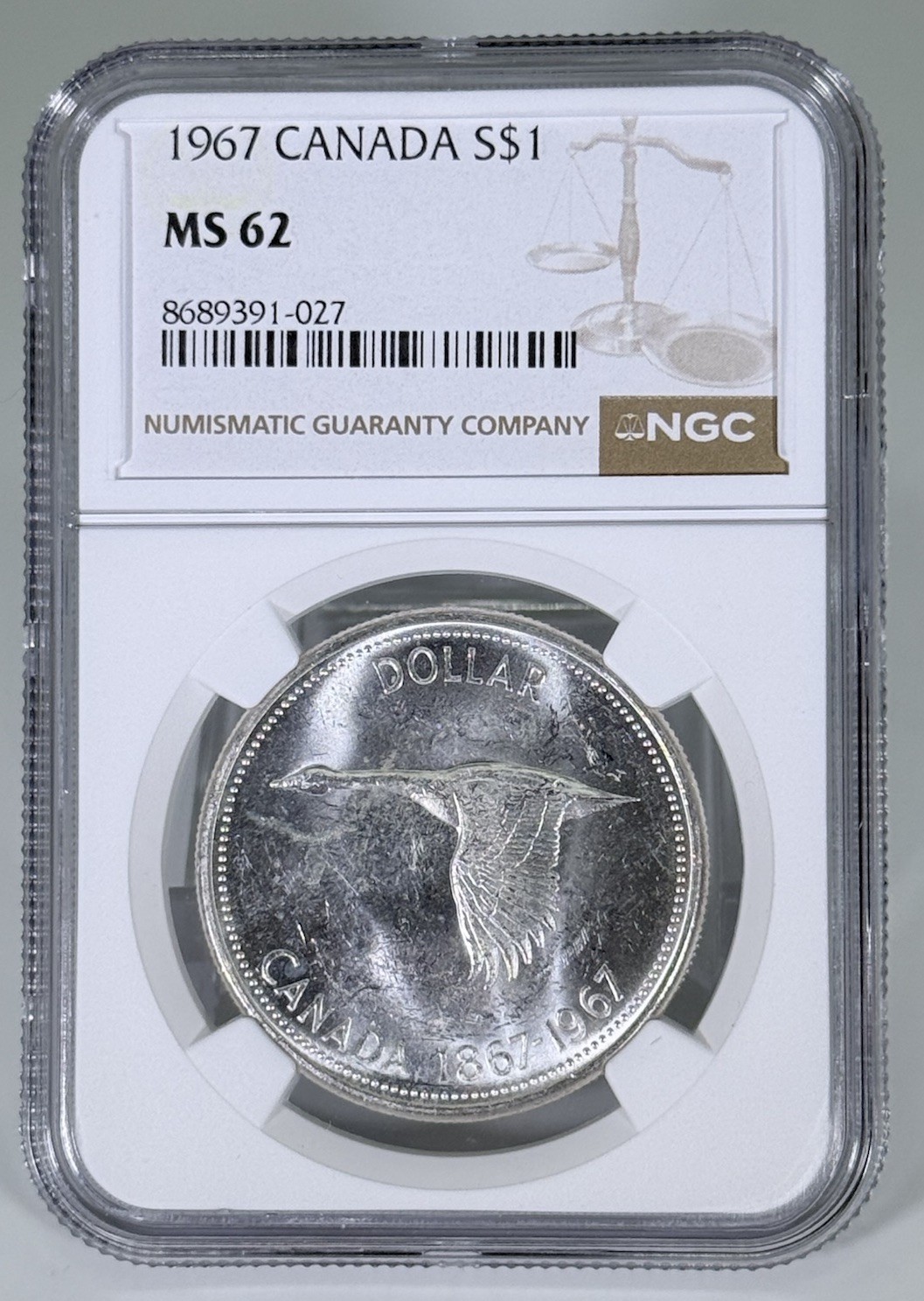 1967 S$1 CANADA SILVER FLYING GOOSE DOLLAR NGC MS62 UNCIRCULATED COIN