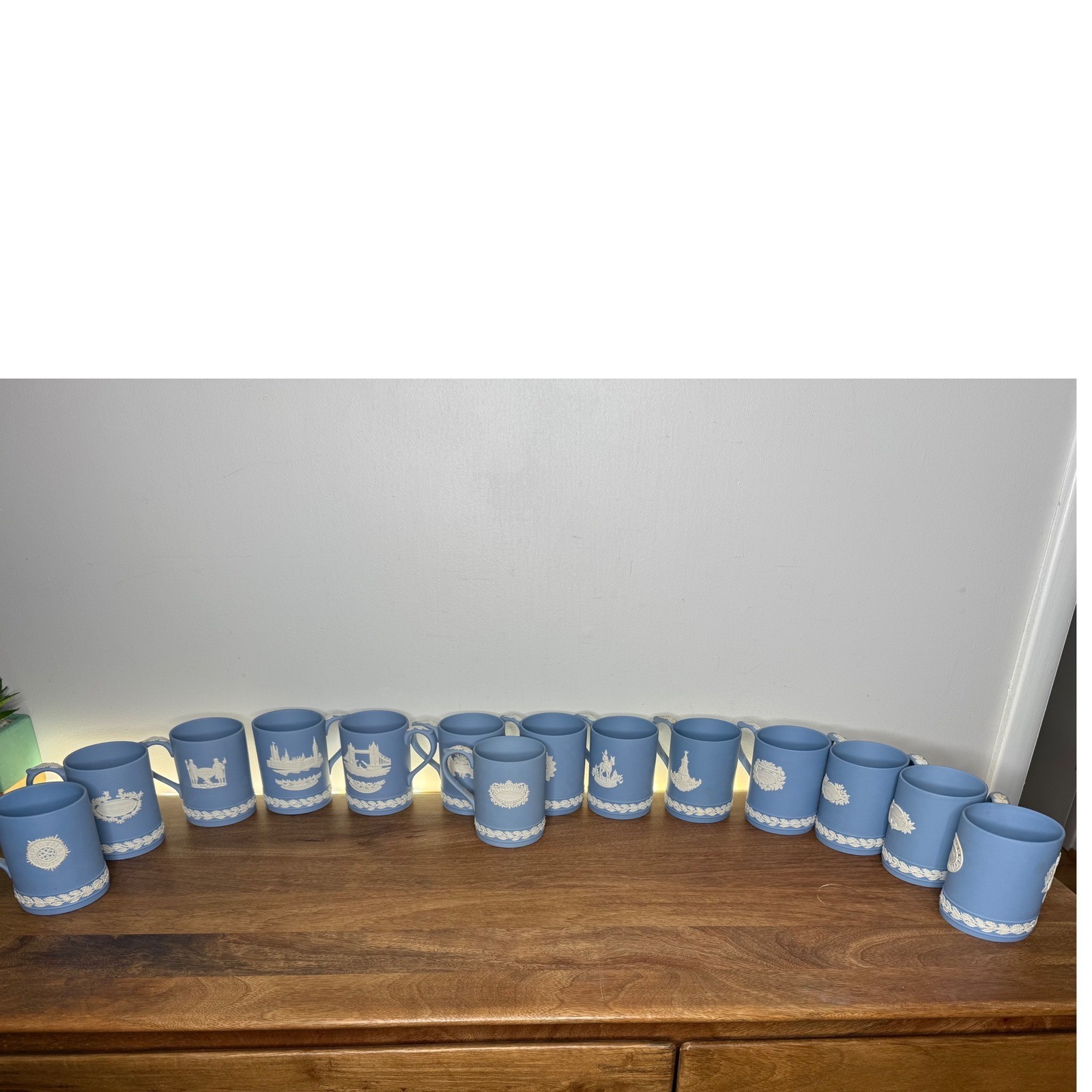 The collection of 14 Wedgwood Jasperware Blue Mugs Christmas London 1971-1984