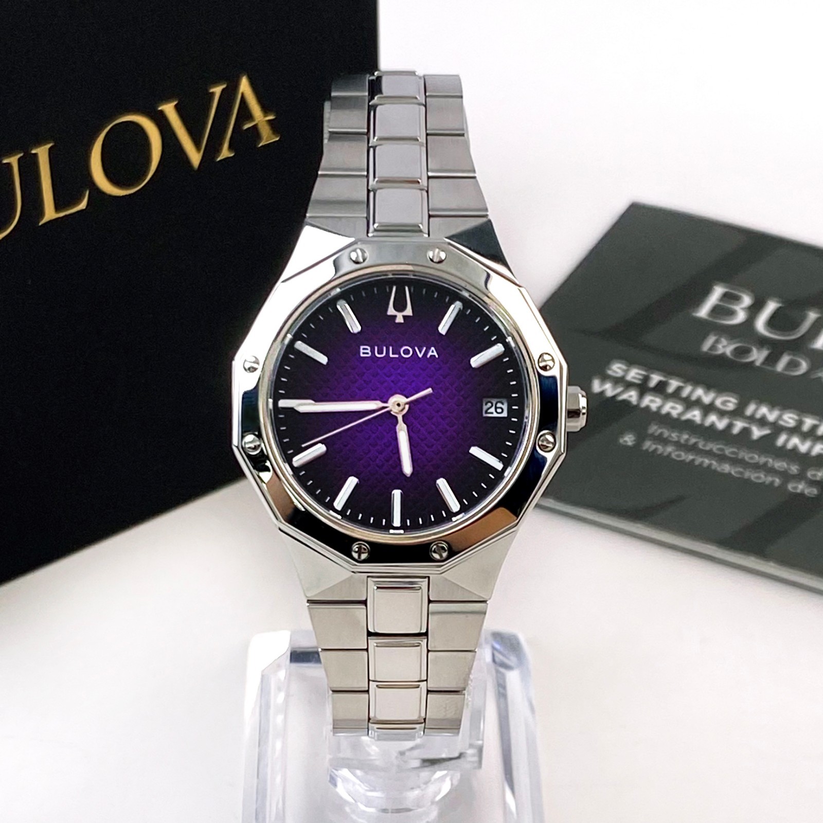 Bulova Prestige 96M168 Women's Purple Dial Textured Stainless Quartz Watch 32mm