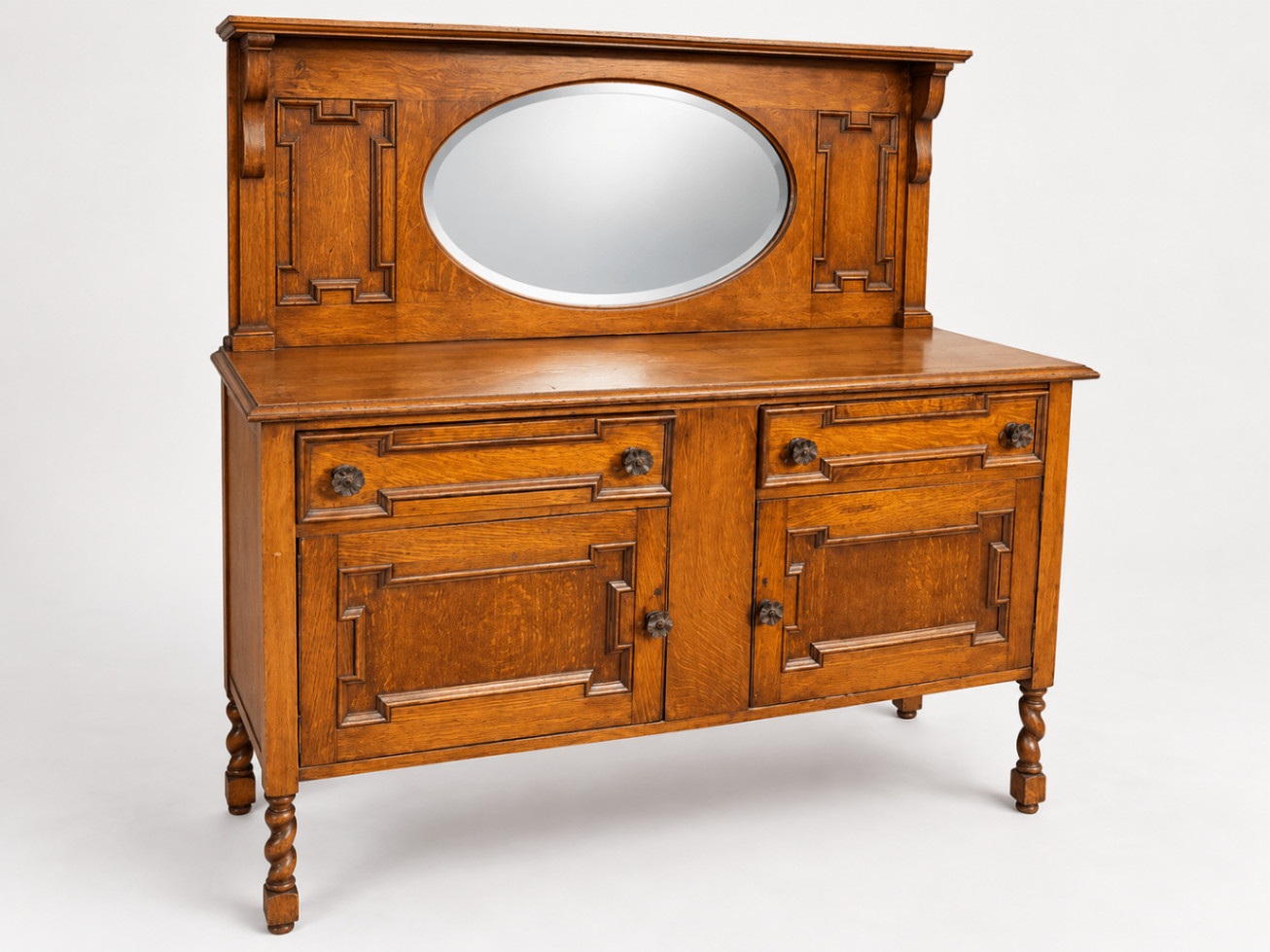 Antique Oak Sideboard Buffet Server Mirror Barley Twist Legs