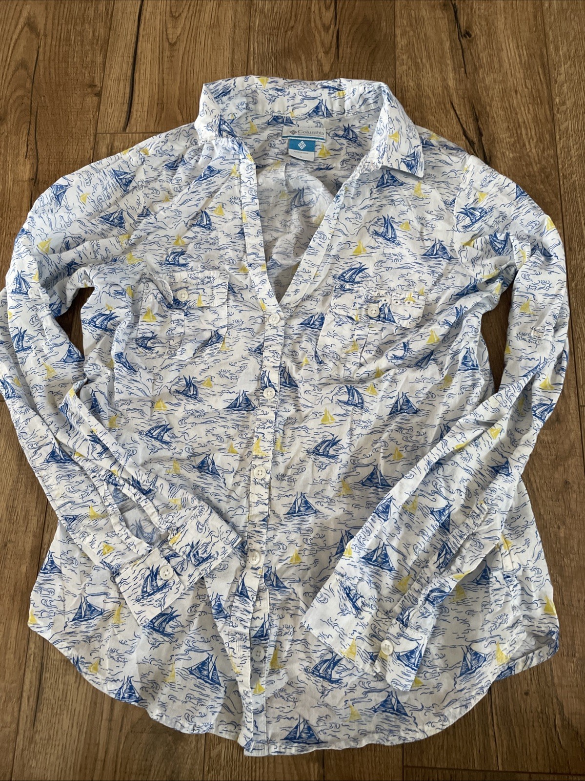 Columbia Sports PFG Nautical button down LS Cotton Shirt with sailboat - S